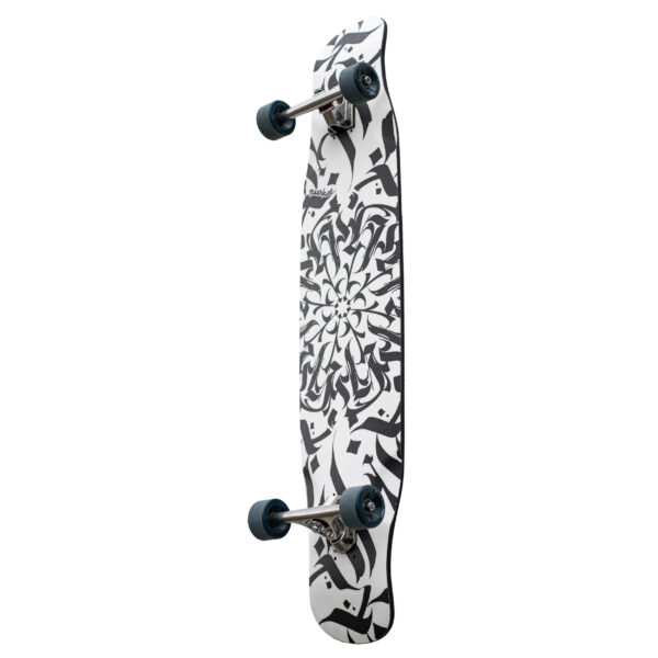 sideview of Freestyle longboard set Switch meerkat Caligraffiti featuring Paris v3 trucks lightweight 65mm wheels and dedicated lasercut griptape